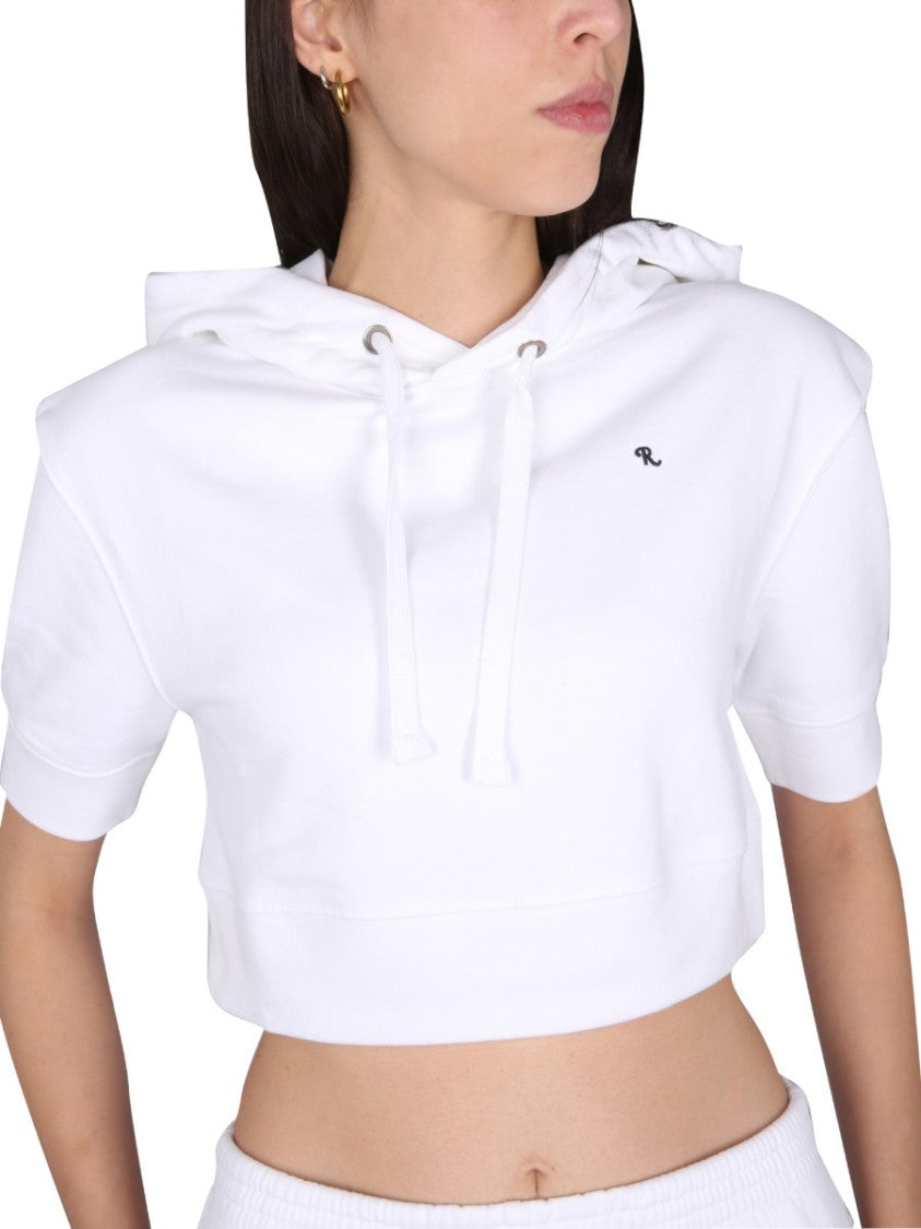 Cropped White Sweatshirt With Drawstring Hood