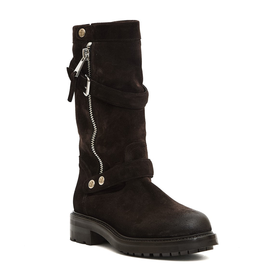 Dark Brown Suede Biker Ankle Boots With Zipper And Buckle Accents