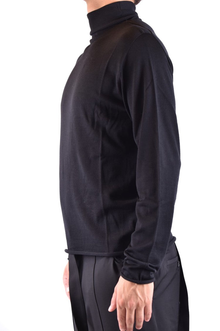 High Turtleneck Black Wool Sweater With Design