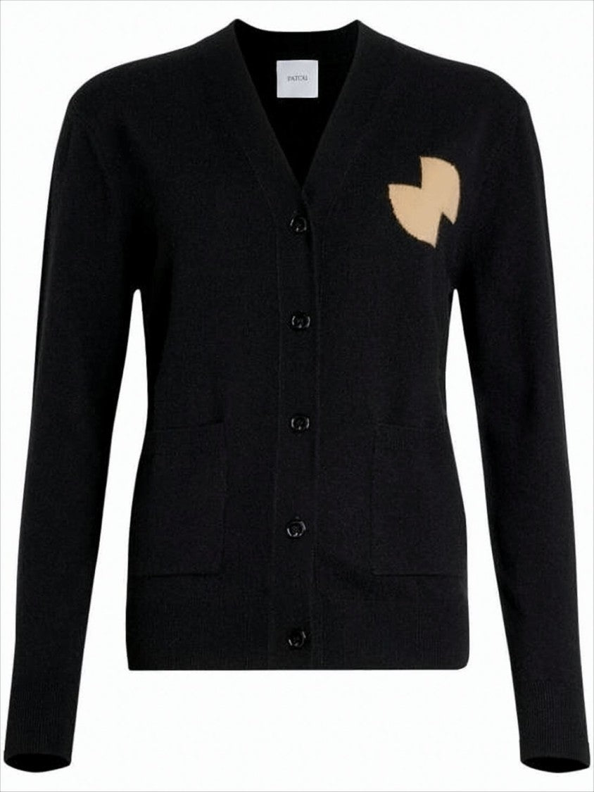 Relaxed Black V-Neck Cardigan with Contrasting Chest Patch