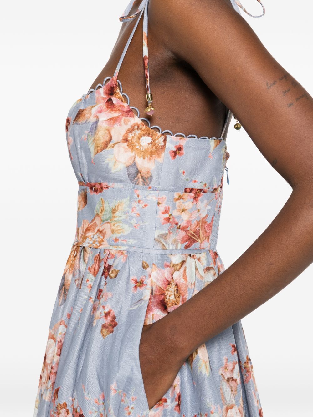 Floral Print Midi Dress With Scalloped Bodice