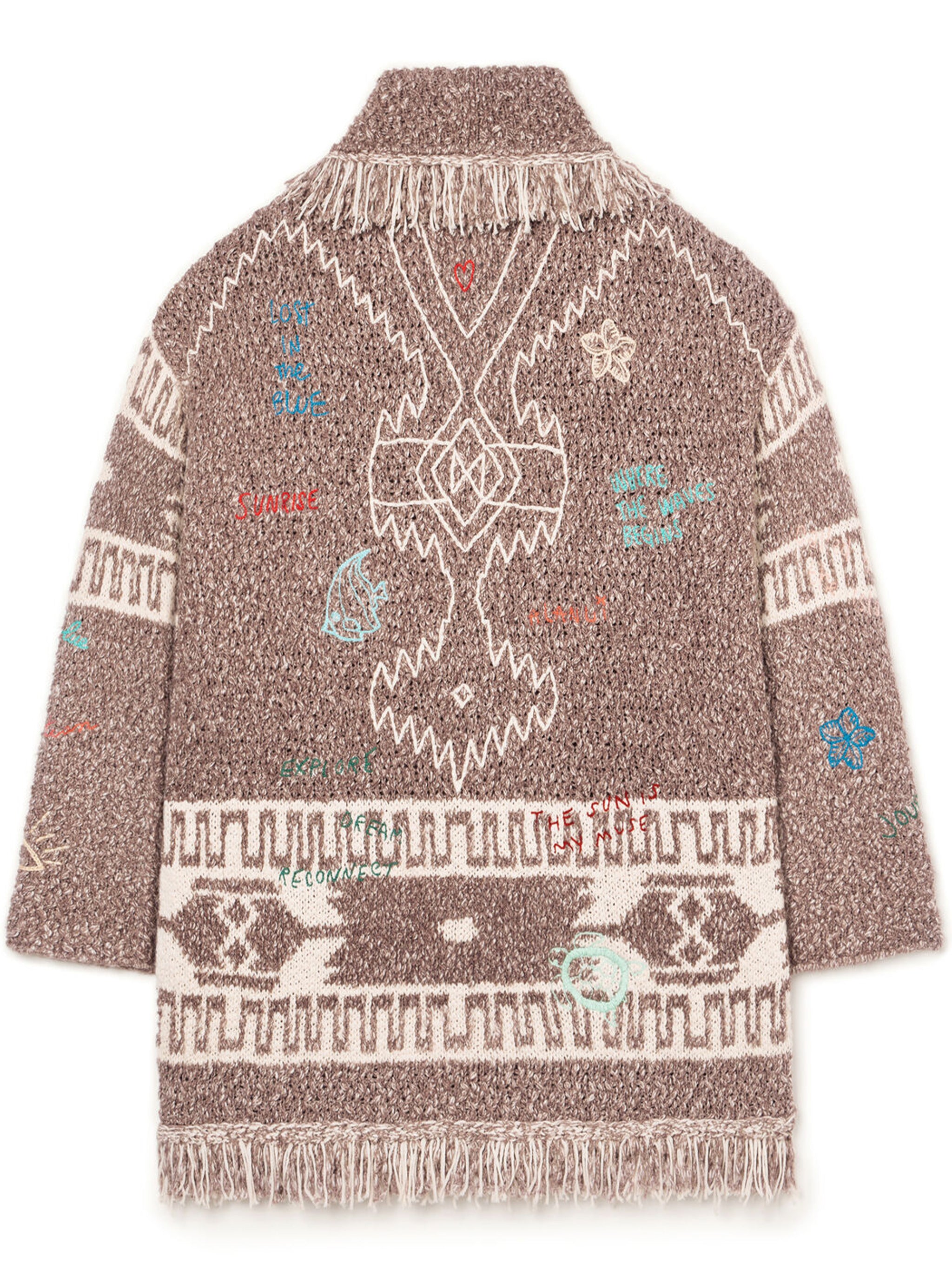 Textured Knit Cardigan with Shawl Collar and Artistic Embroidery