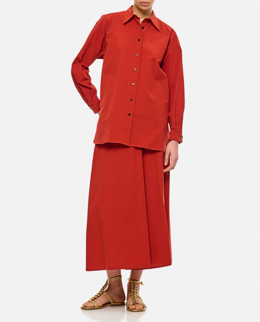 Red Shirt With Pointed Collar And Elegant Draping