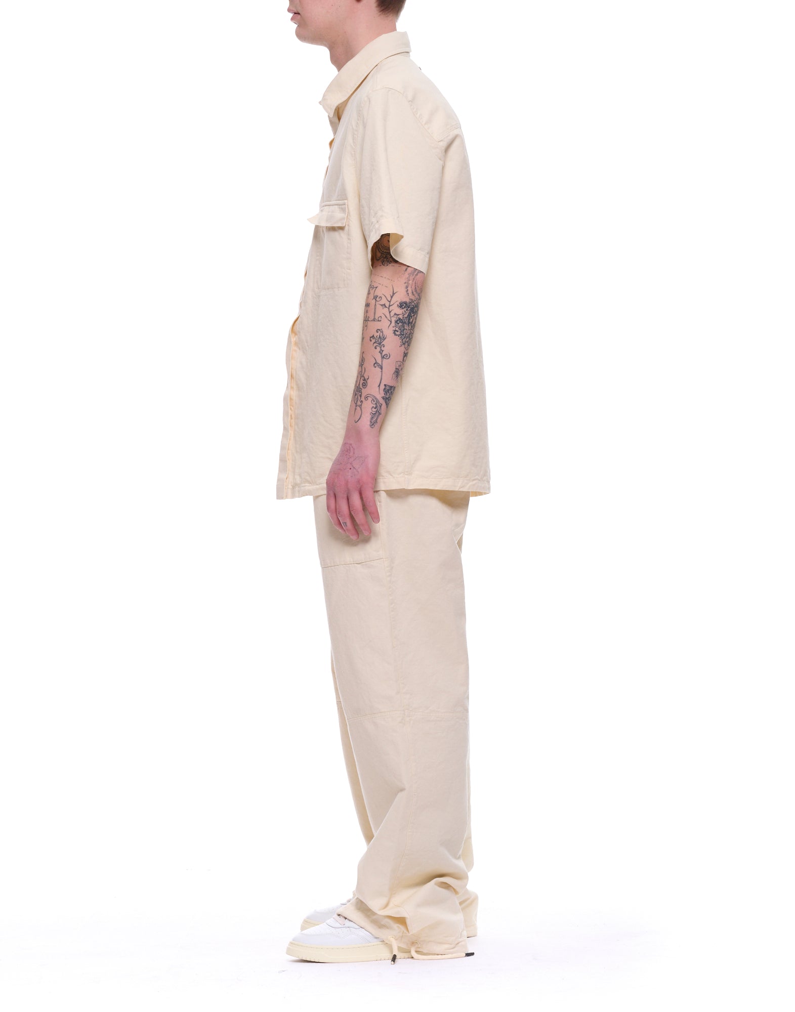 White Loose Fit Twill Hemp Bowling Shirt