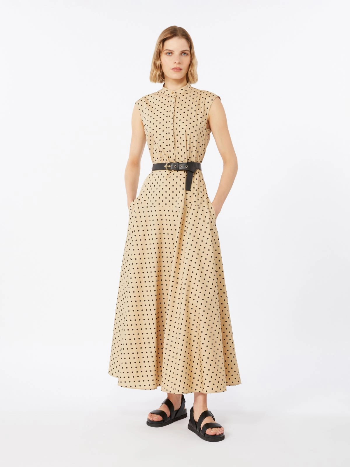 Sleeveless Midi Dress with Polka Dot Pattern