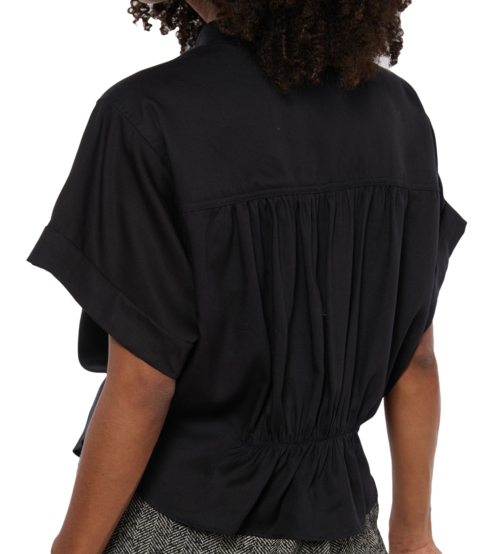 Short-Sleeved Blouse with High Neckline and Peplum Hem