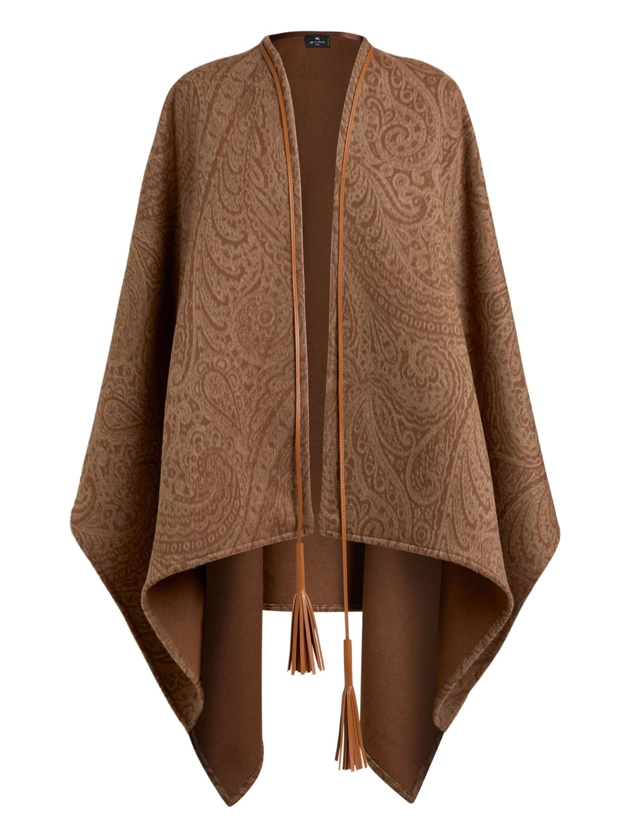 Brown Paisley Pattern Cape with Leather Trim