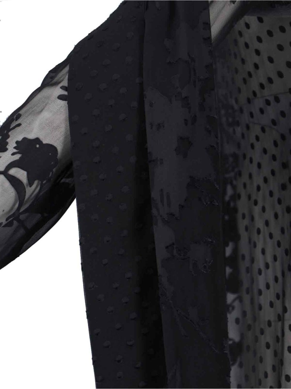 Sheer Black Midi Dress With Floral Patterns And Scarf Detail