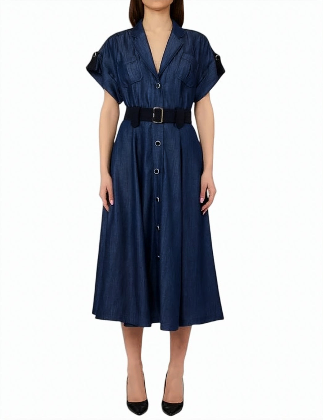 Denim Effect Belted Shirt Dress