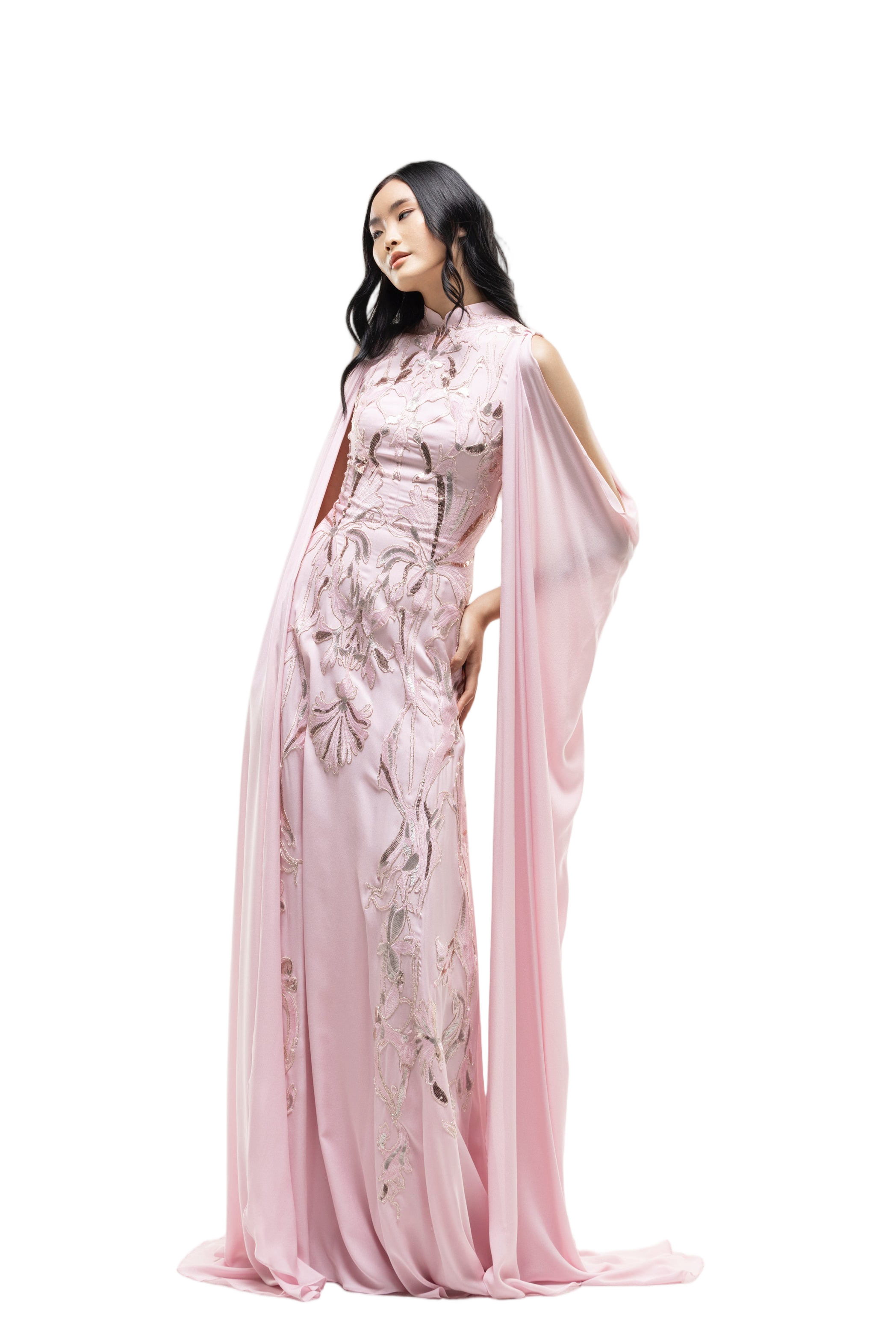 Crepe Georgette Dress With Draped Sleeves