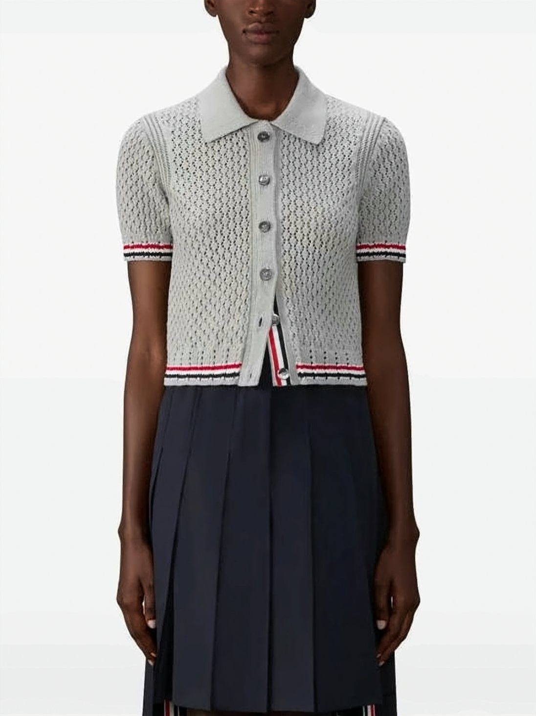 Short-Sleeved Button-Up Cardigan With Open-Knit Design