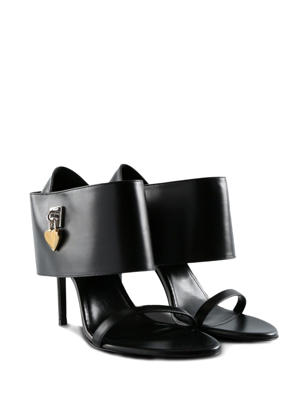 Heart-Lock Embellished Black Stiletto Sandals