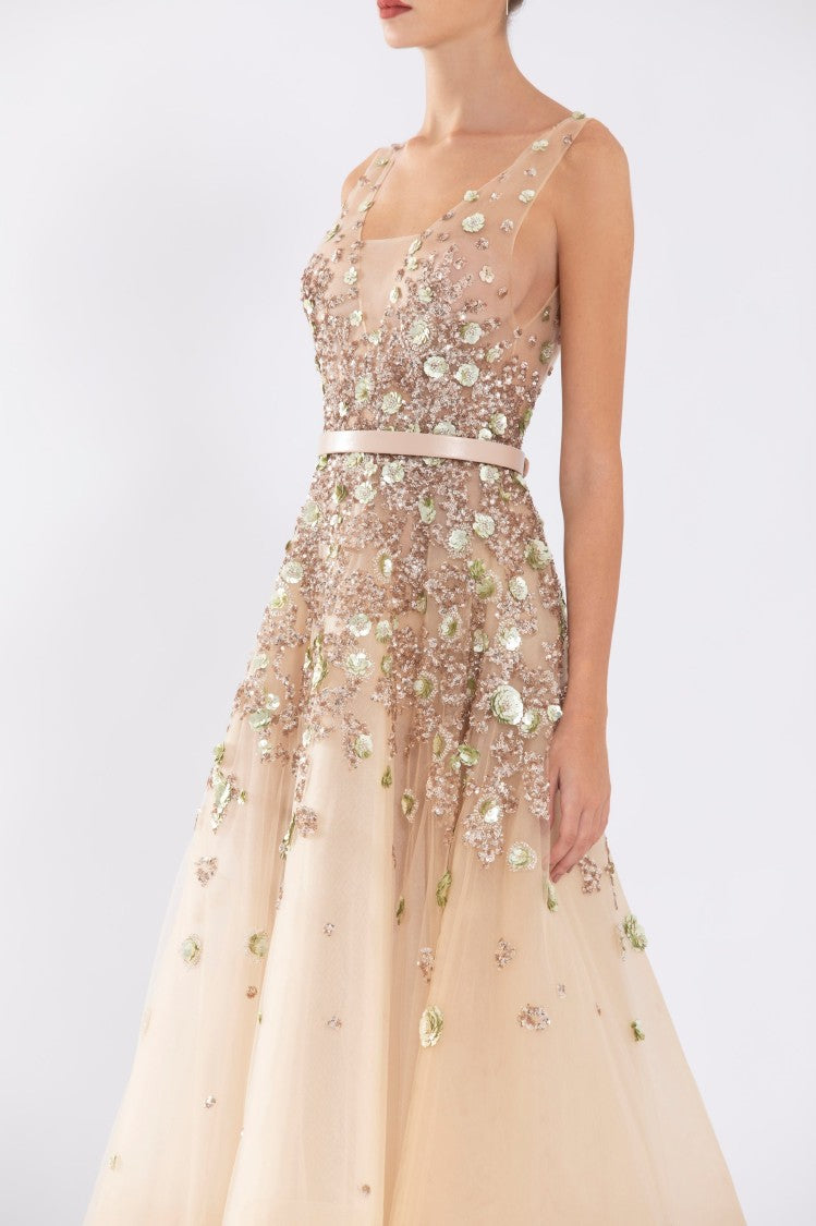 Tulle, Ankle Length Dress With Dotted Beading