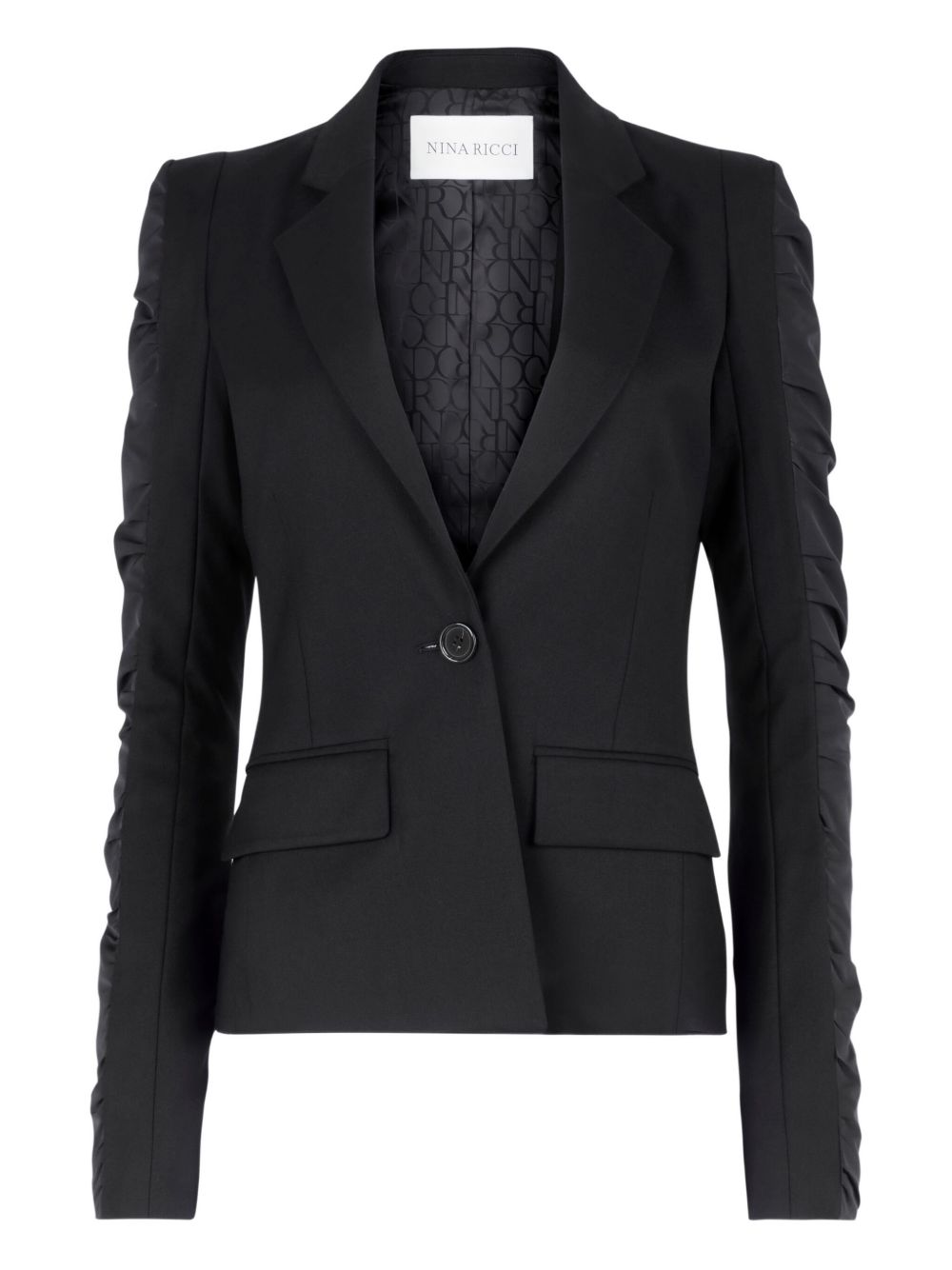 Tailored Black Jacket With Structured Lapels And Ruched Detailing