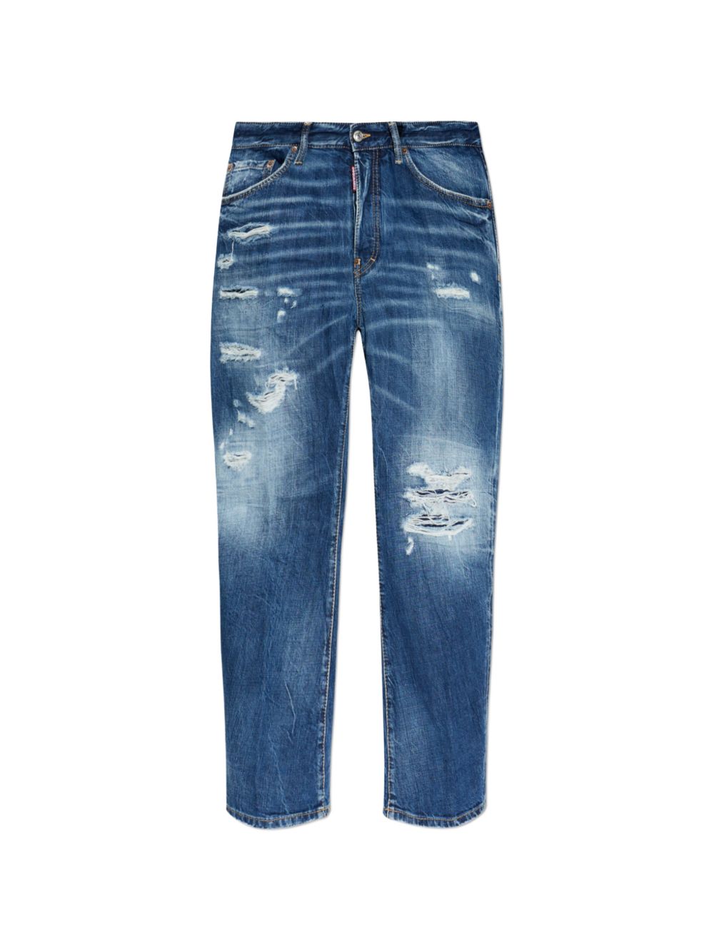 Distressed Blue Denim Jeans with Five-Pocket Design