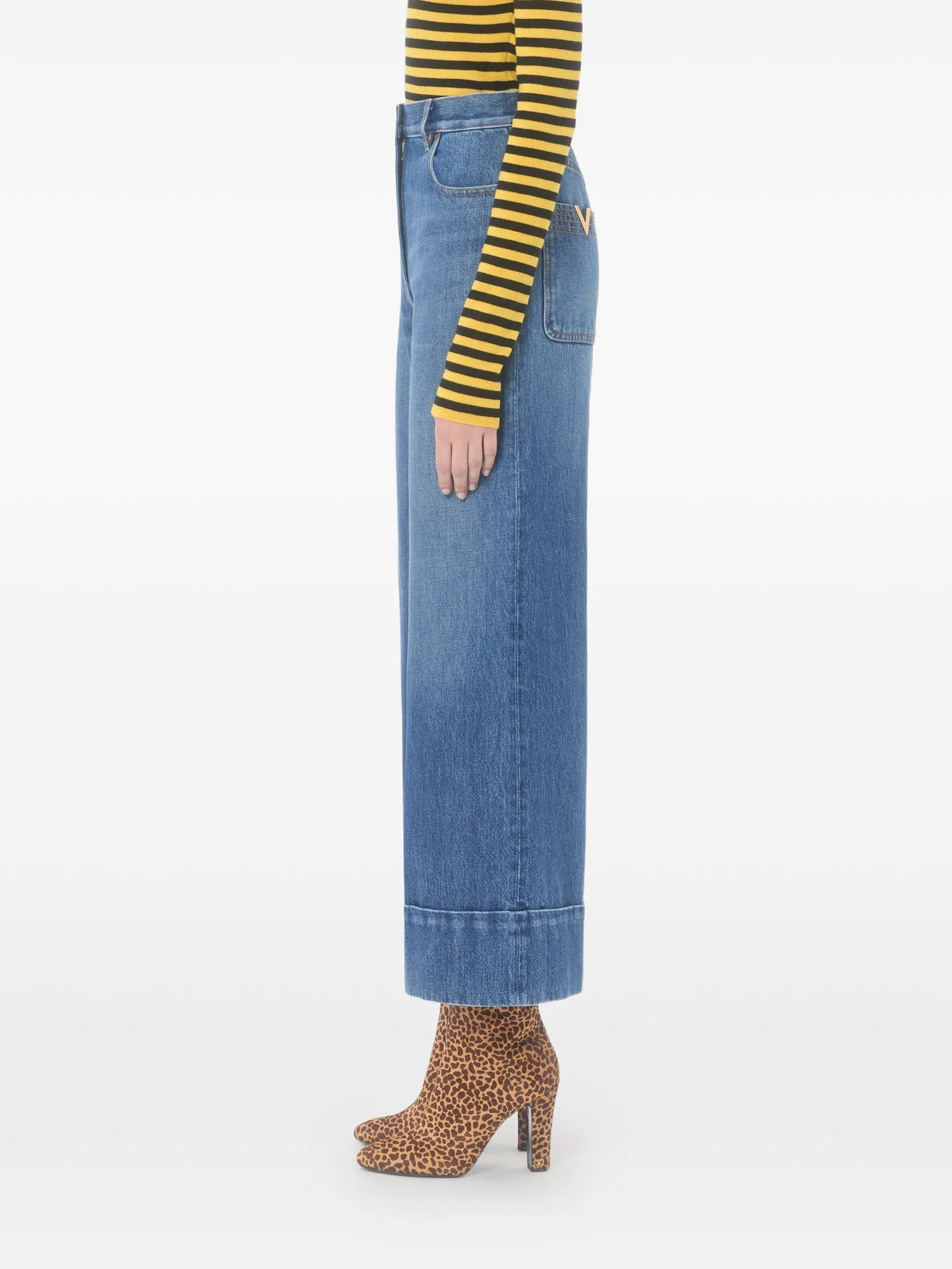 Medium Blue Wide-Leg Cuffed Denim Jeans