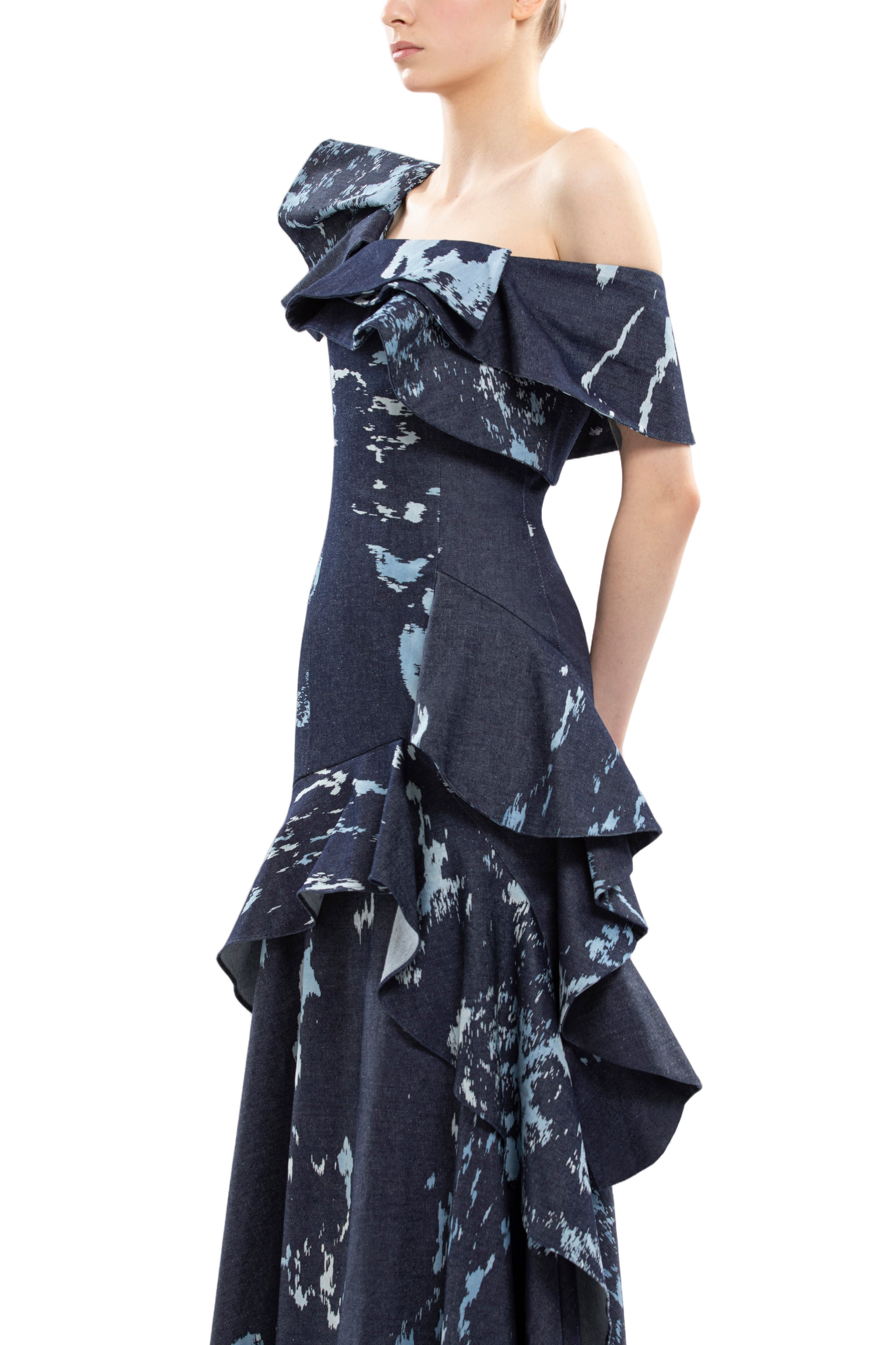 Layered Printed Denim Midi Dress