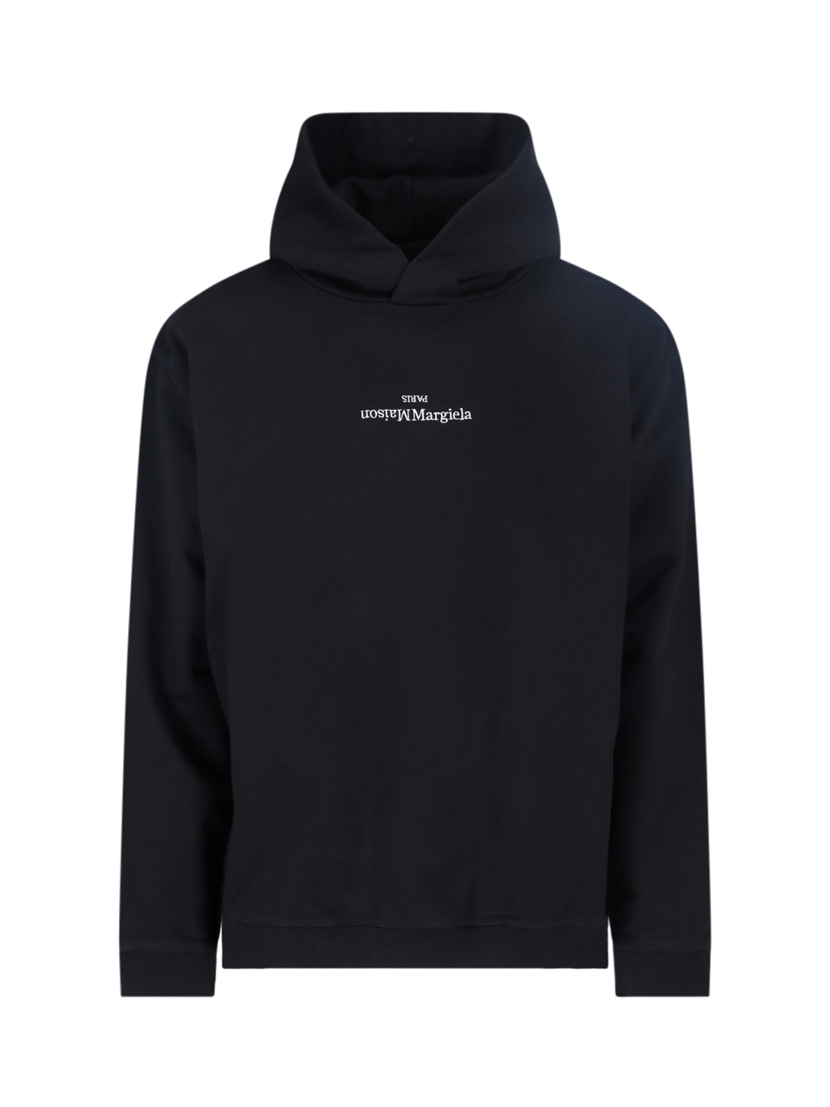 Classic Crew Neck Black Hooded Sweatshirt With Ribbed Cuffs