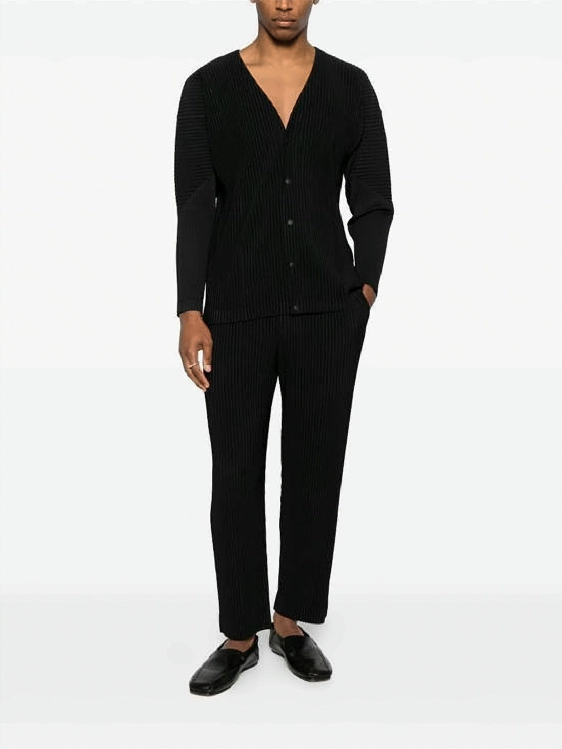 Textured Pleated Cardigan with Deep V-Neckline