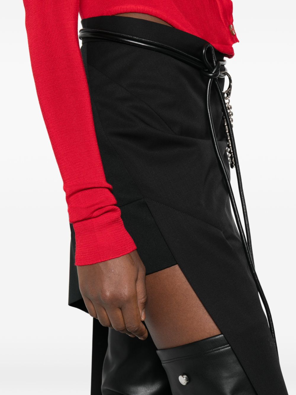 Asymmetrical Black Midi Skirt With Layered Design And Chain Detail