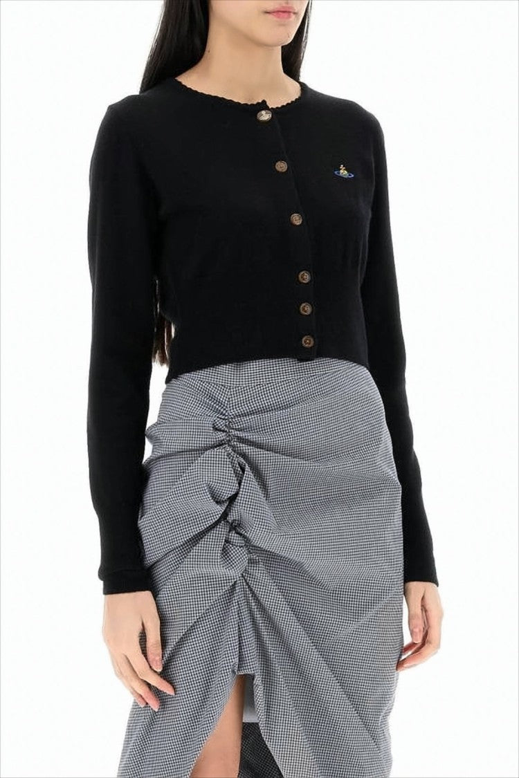 Cropped Cardigan with Button-Down Front and Embroidered Detail