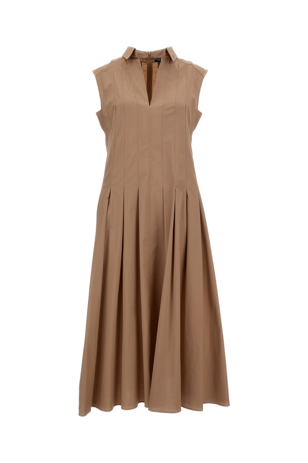 Pleated Sleeveless Dress with Pointed Collar and Embroidered Logo