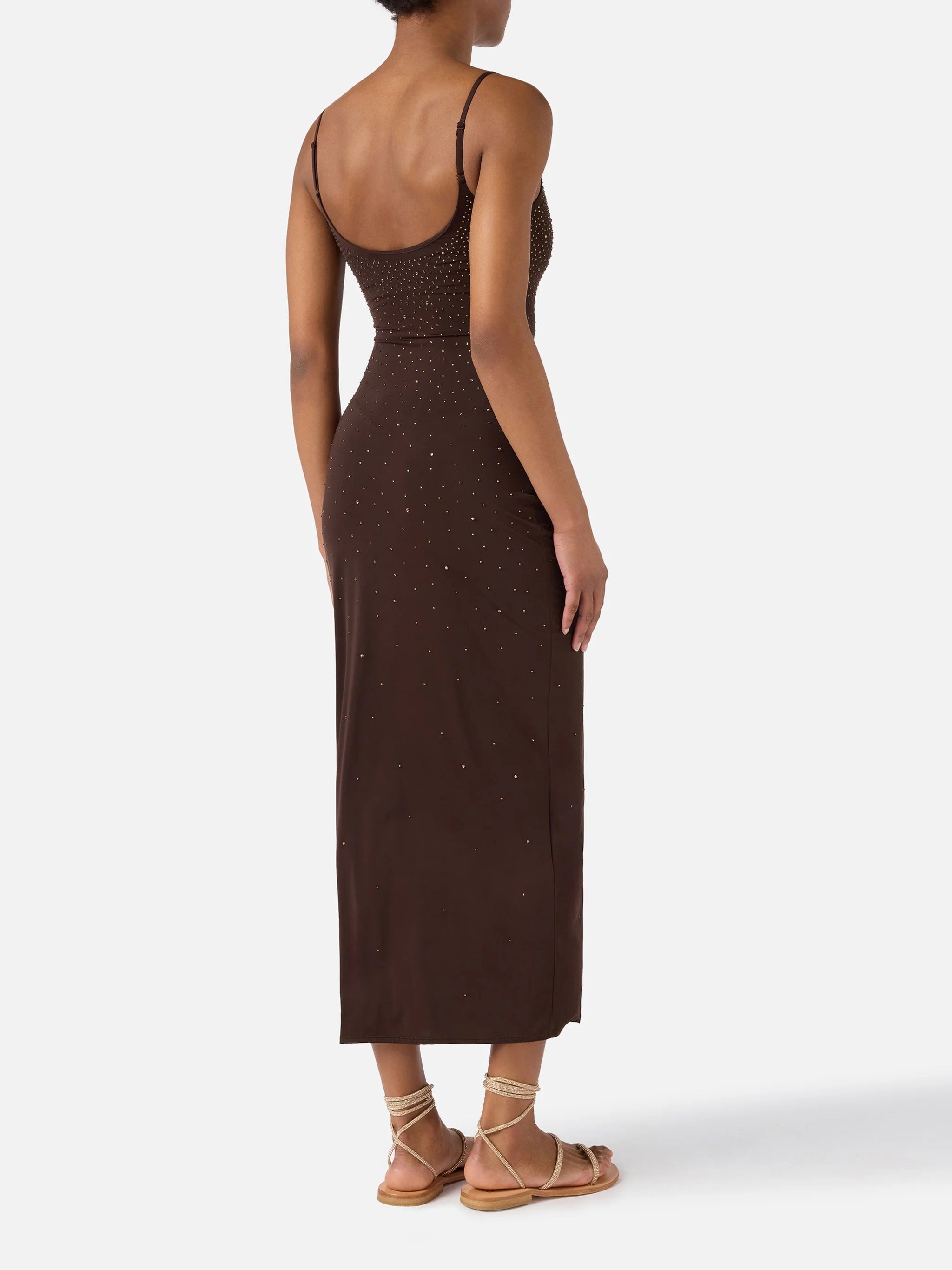 Midi-Length Dress with Spaghetti Straps and Gradient Embellishments