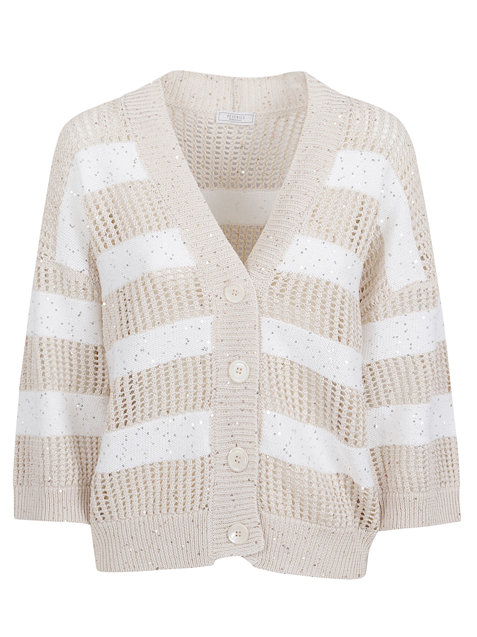 Cropped Knit Sweater with Striped Design and Button-Down Front
