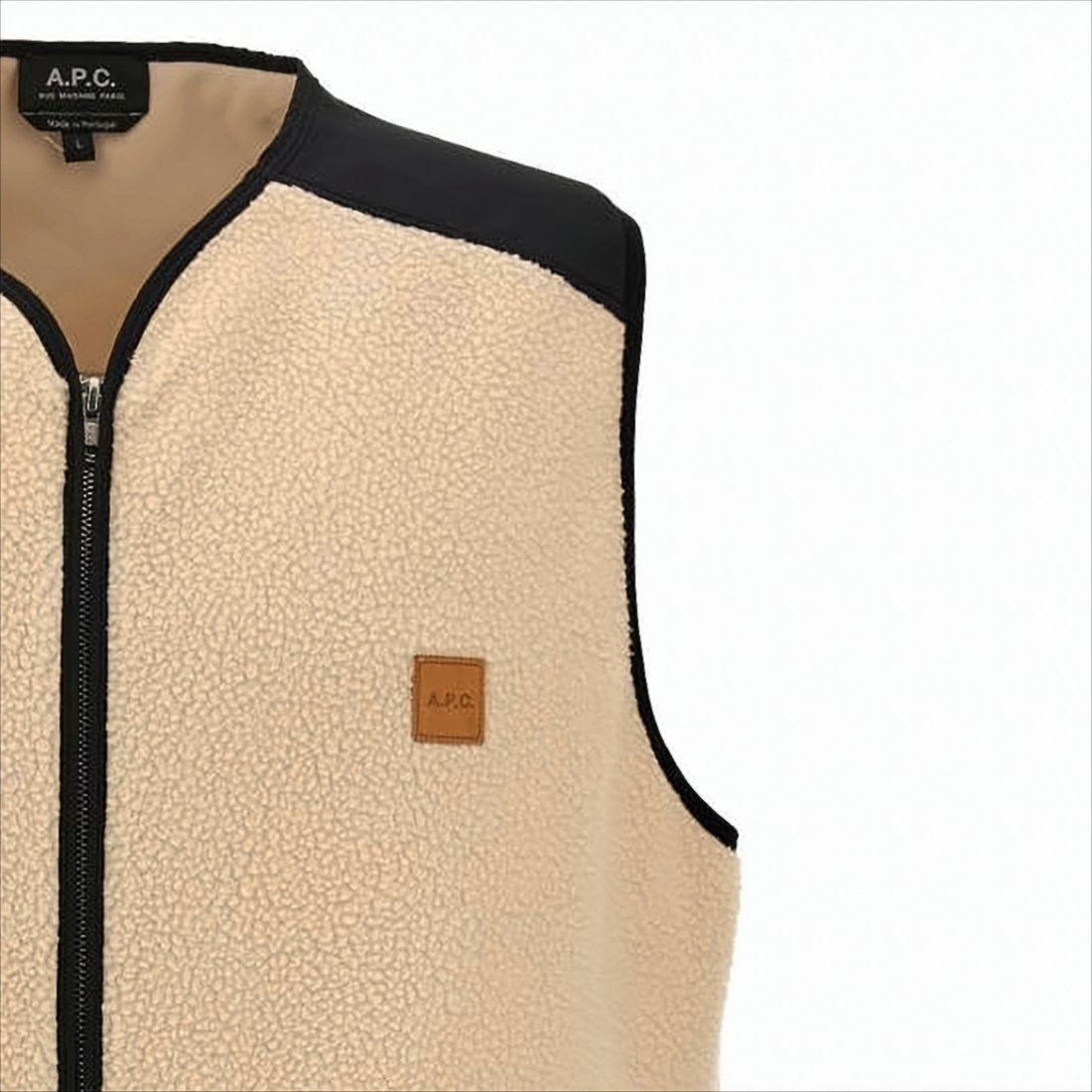 Textured Beige Fleece Vest with Contrasting Black Fabric