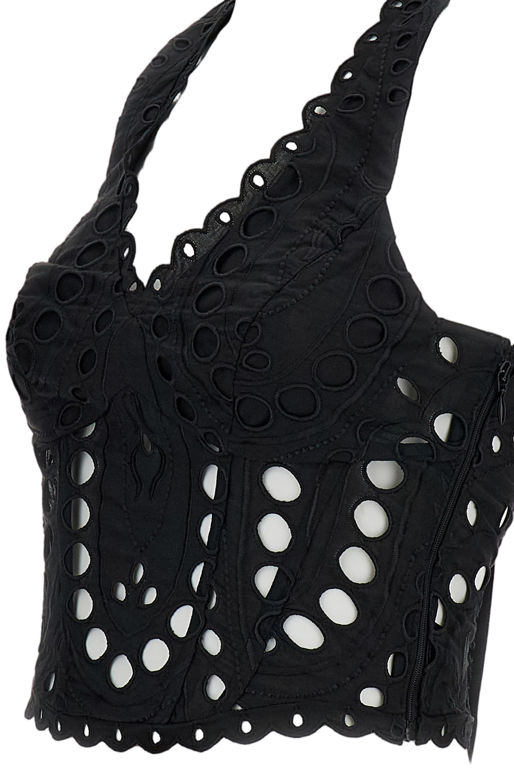 Black Halter Eyelet Top With Smocked Back