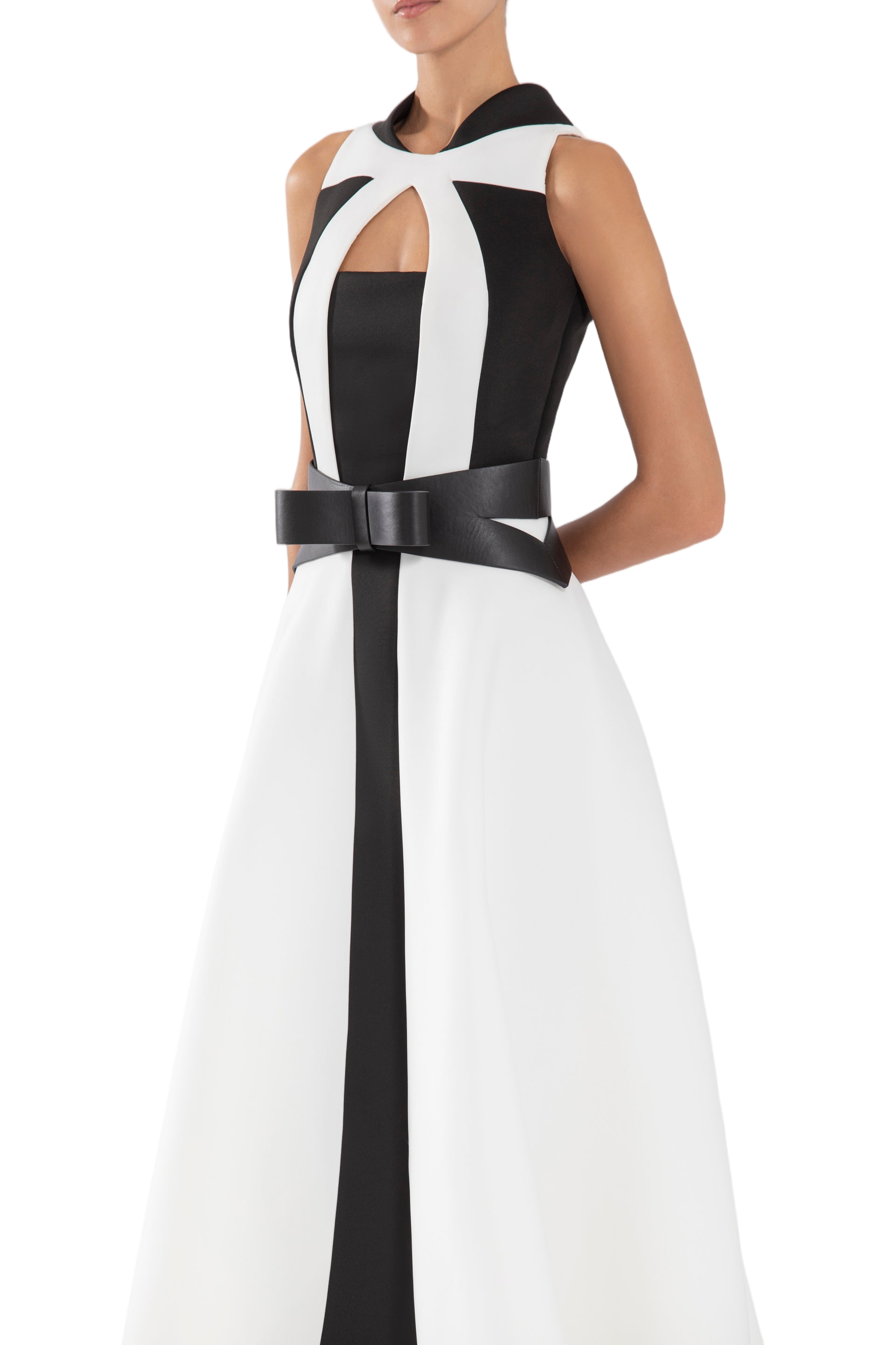 Neoprene Dress With Geometric Cutouts And Bow Belt