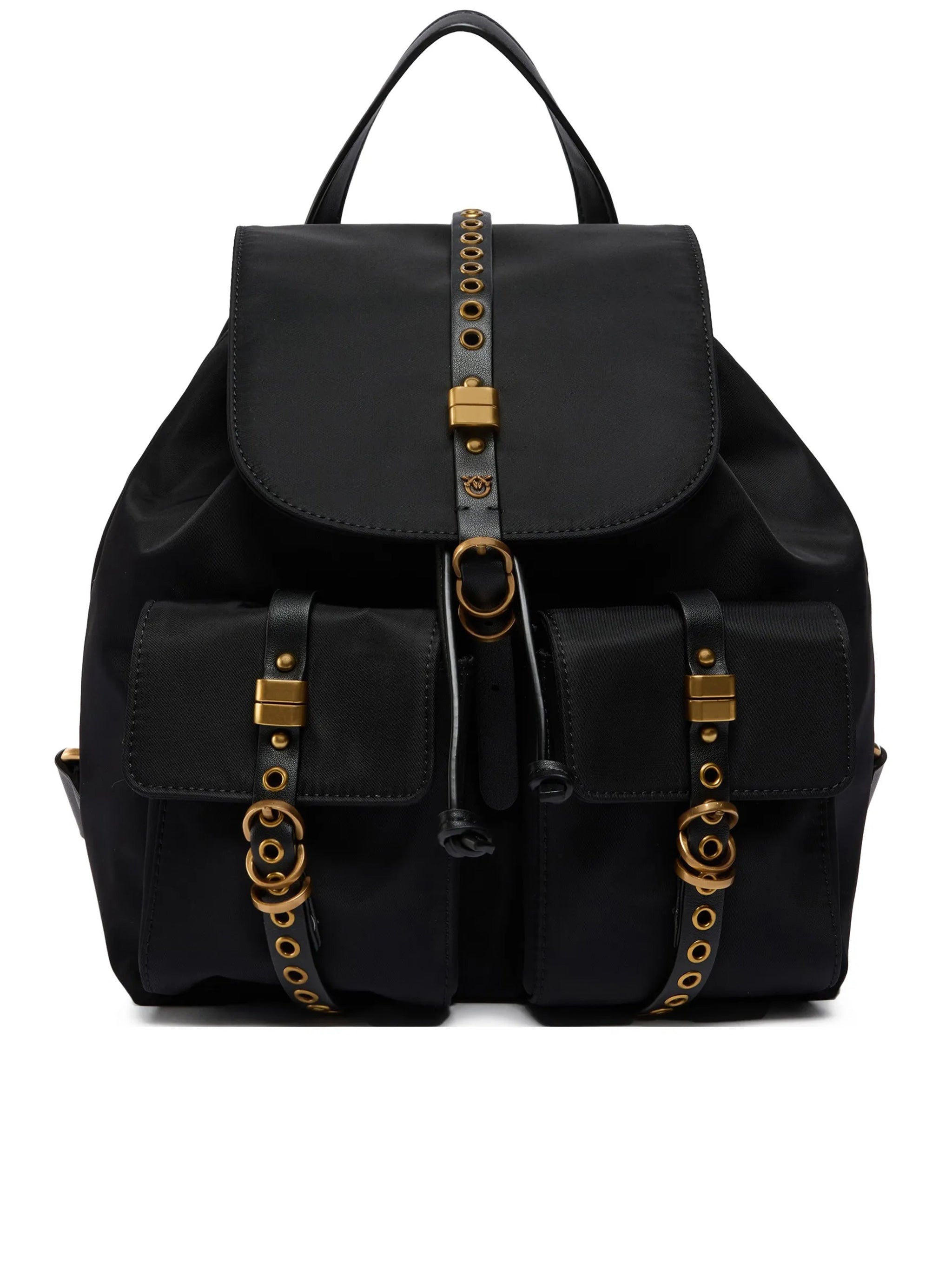 Black Backpack Decorative Flap Gold-Accent Backpack