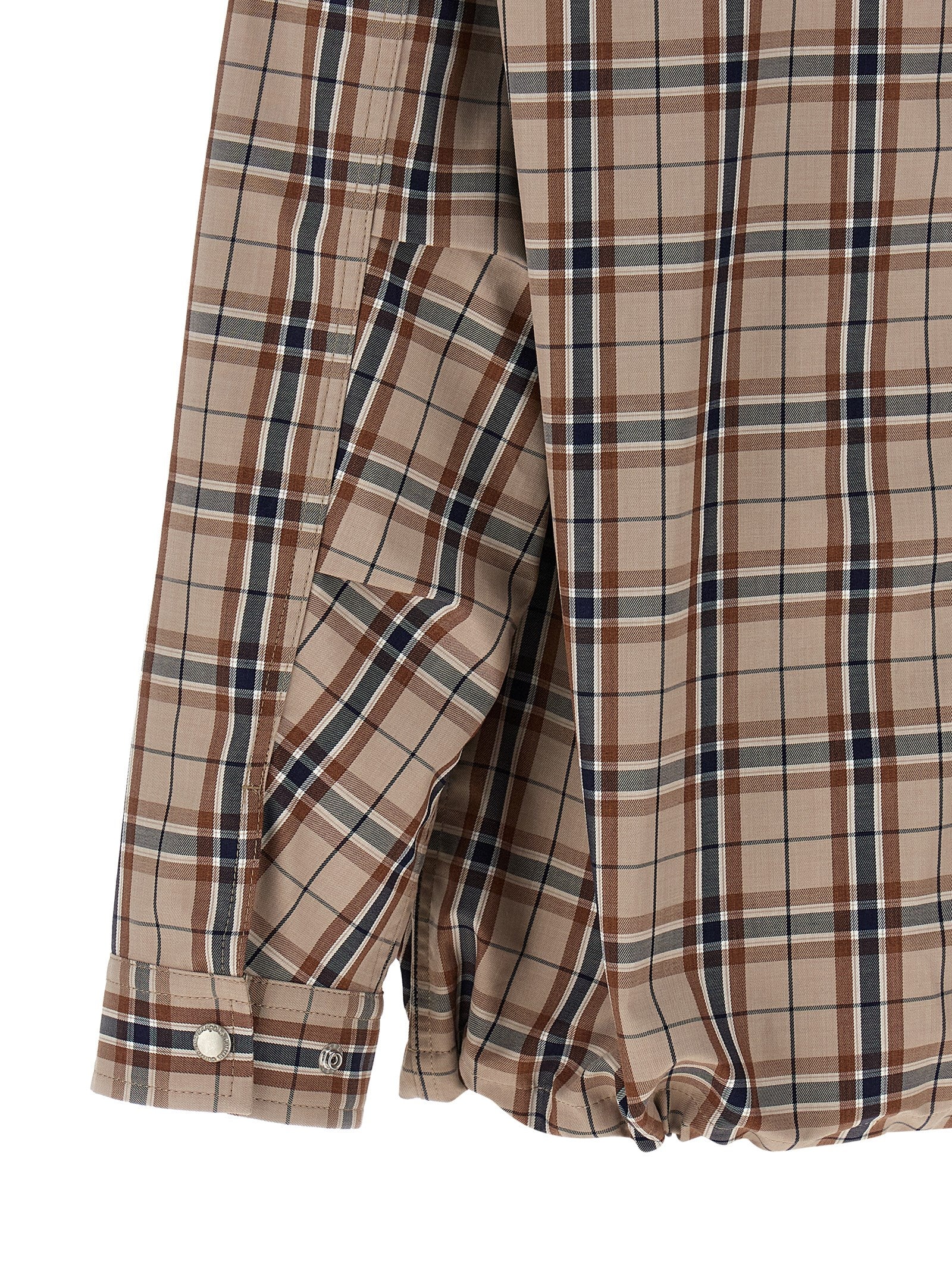 Beige Check-Print Cotton Blend Overshirt with Adjustable Cuffs