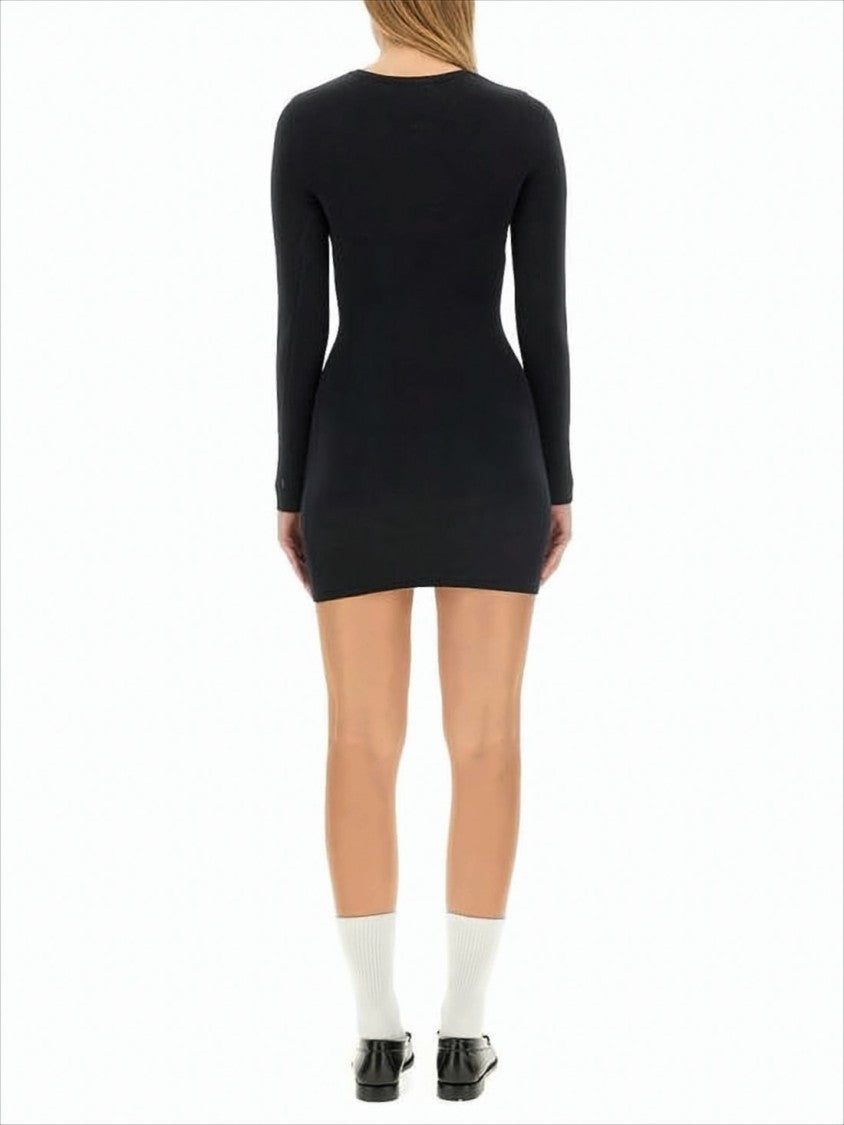 Fitted Black Mini Dress With Long Sleeves And Round Neckline