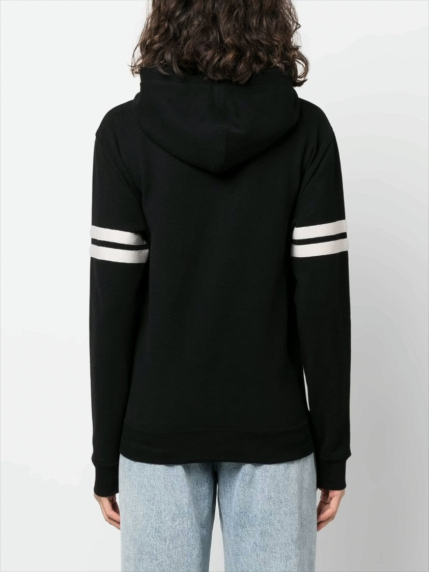 Embroidered Logo Black Hoodie with Striped Sleeves