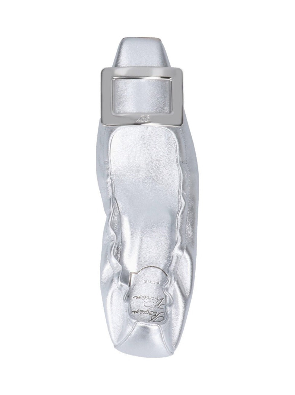 Metallic Silver Leather Ballerina Flats With Draped Detailing