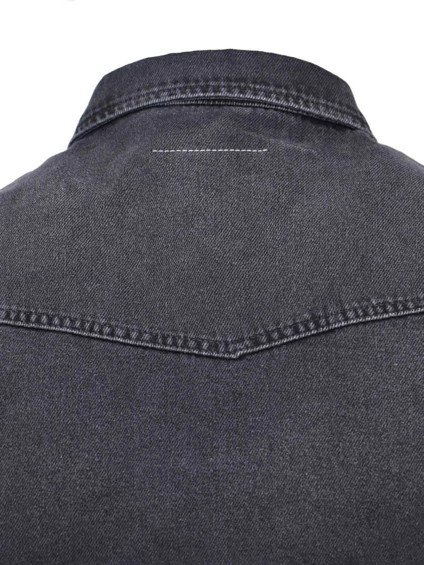 Black Denim Shirt With Visible Stitching And Curved Hem