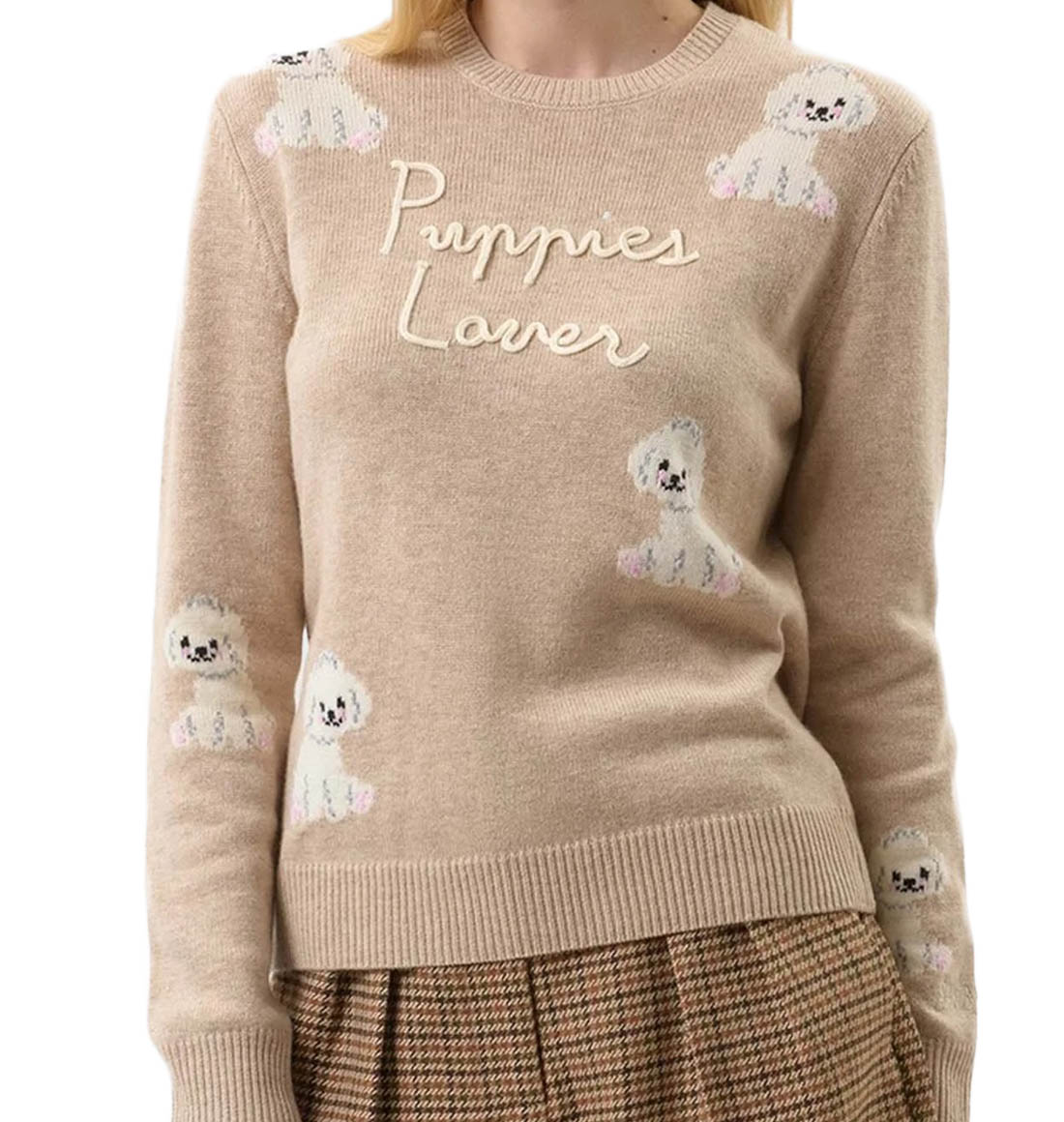 Beige Knit Sweater with Puppy Illustrations
