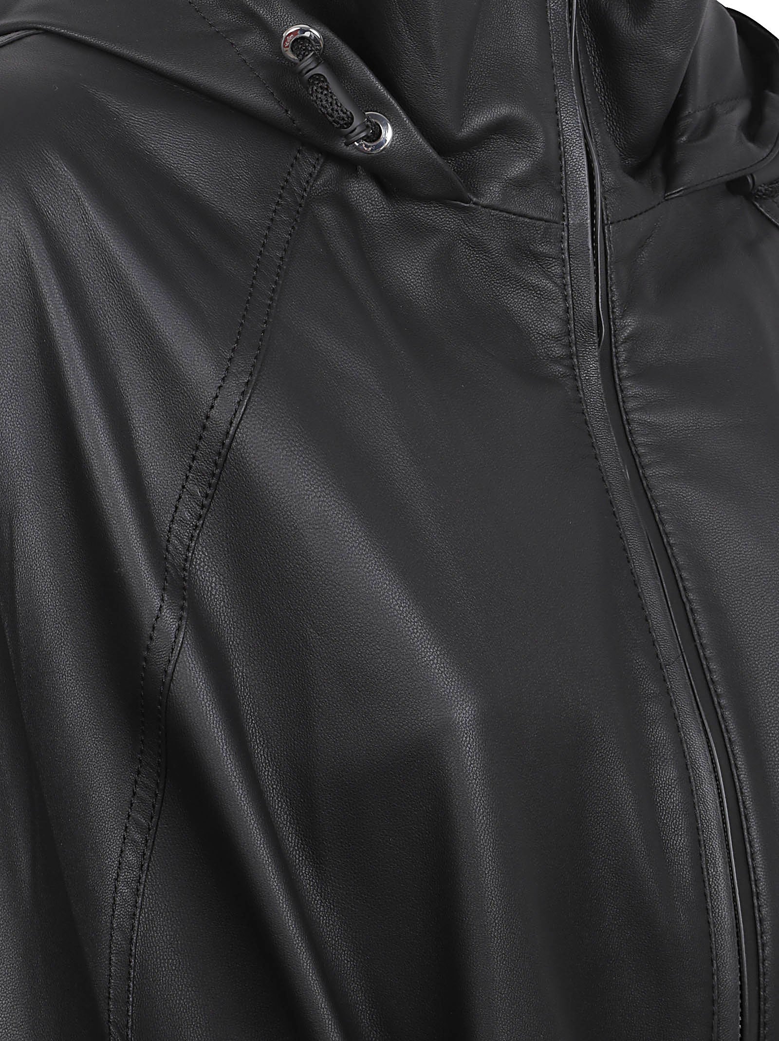 Black Lamb Leather Jacket with Adjustable Hood and Flowing Sleeves