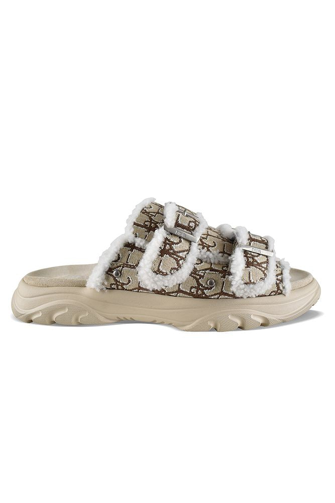 Beige Canvas Sandals With White Shearling