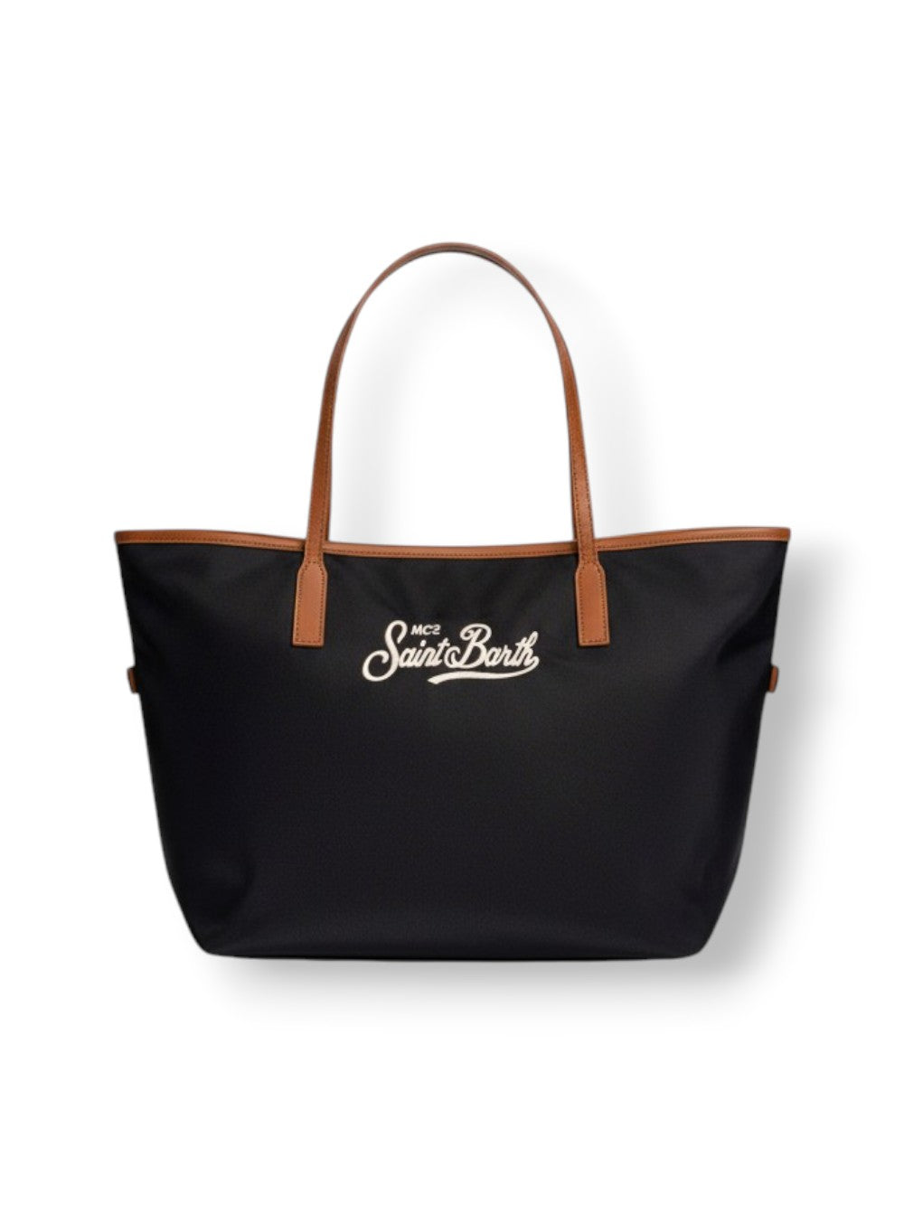 Rectangular Tote Bag With Contrasting Brown Handles And White Script Logo