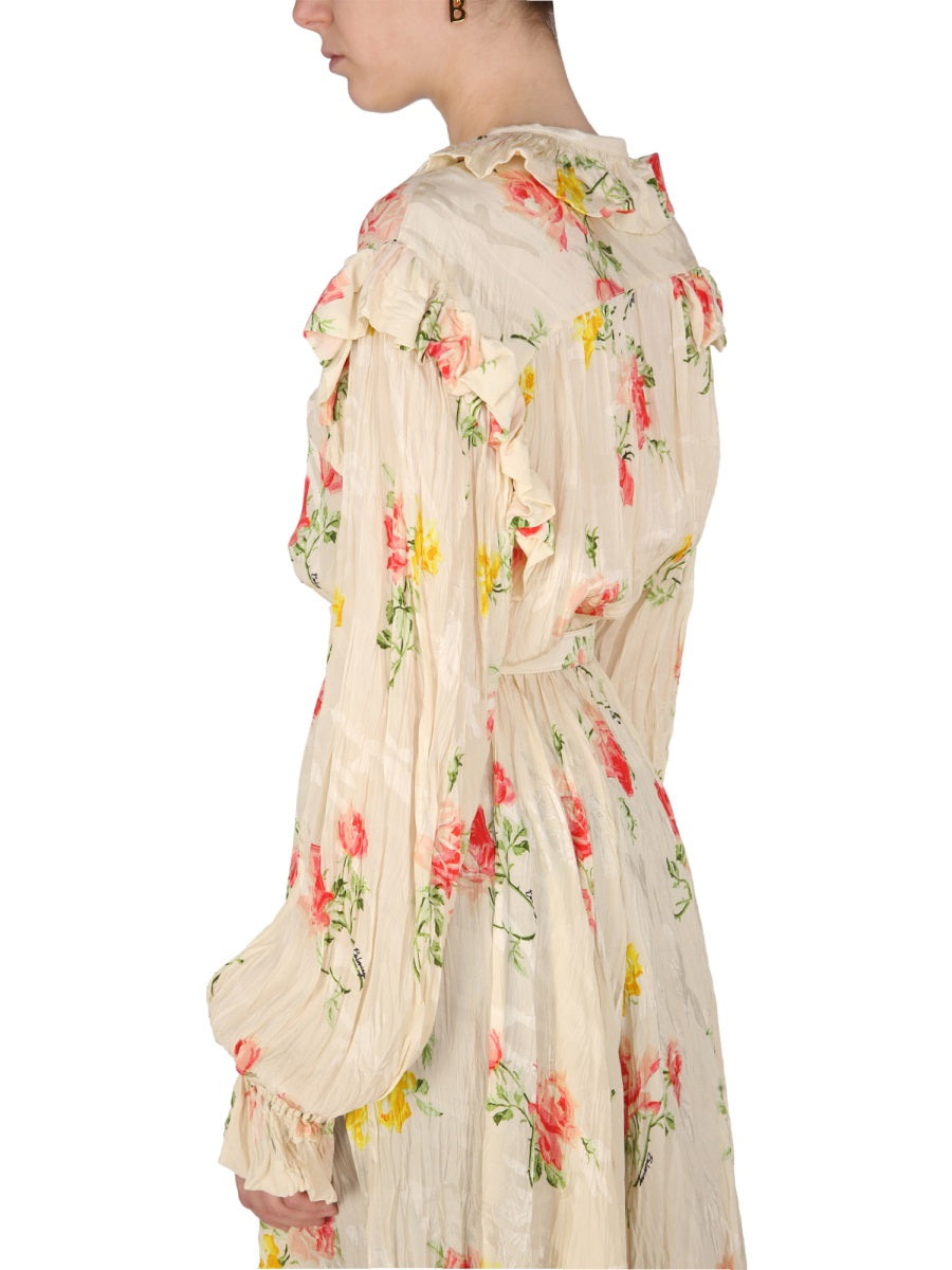 Floral Dress with Drawstring Collar and Flowing Silhouette
