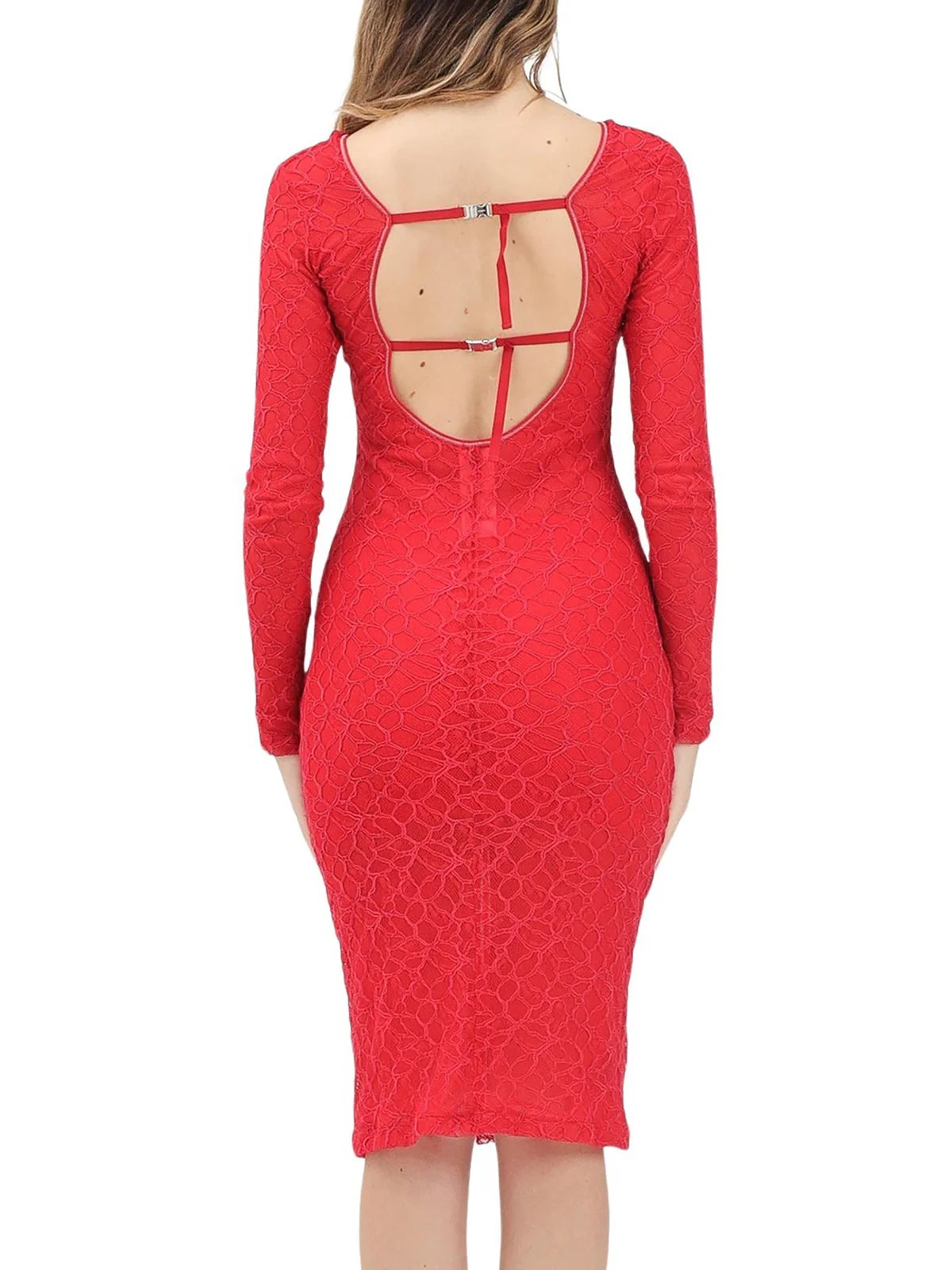 Red Nylon Elastane Lace Silhouette Dress