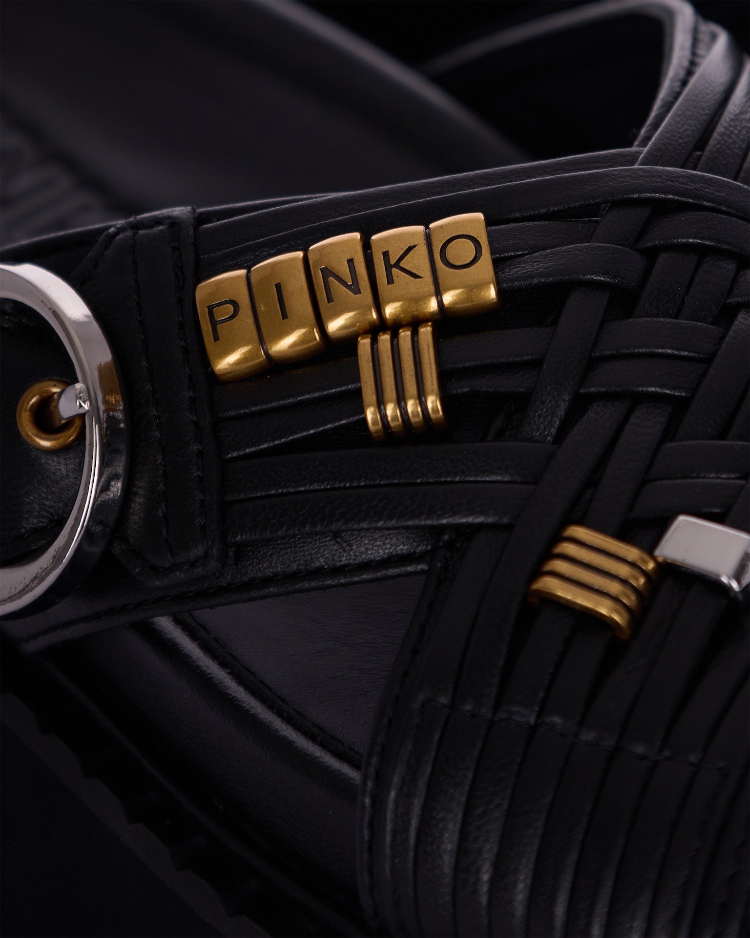 Woven Black Eco-Leather Sandals With Metallic Accents