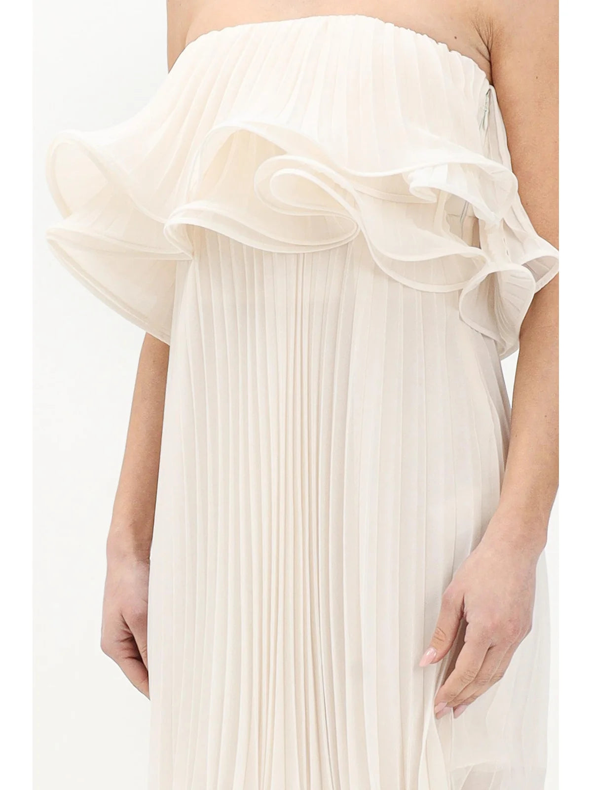 White Polyester Pleated Mini Dress