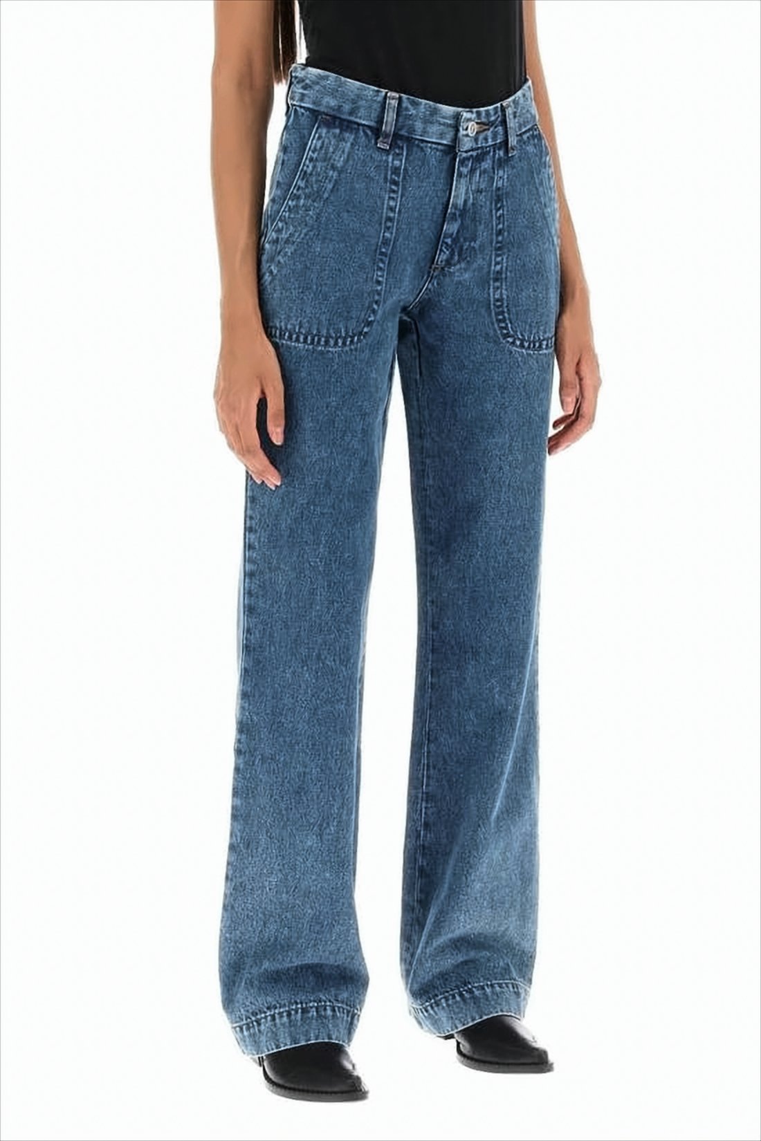 Wide-Leg Denim Pants With High Waist And Front Patch Pockets
