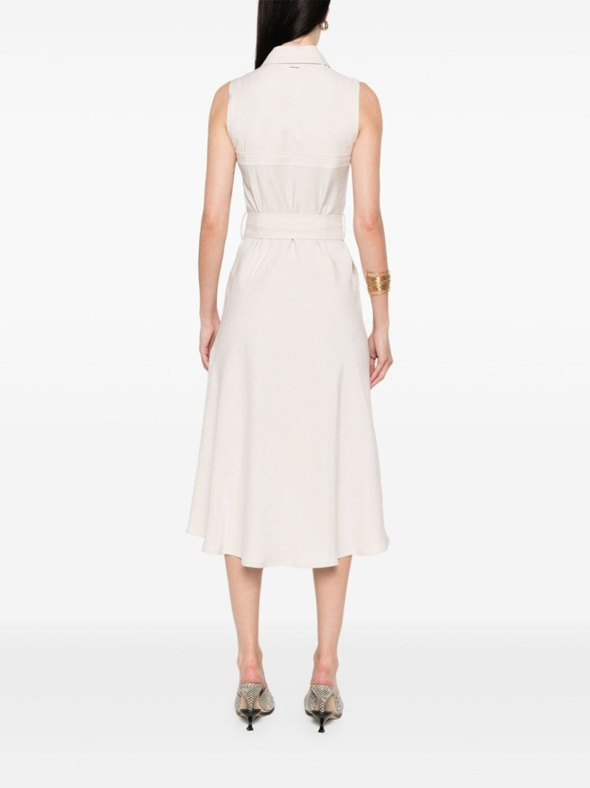 Beige Midi Dress With Button-Down Front And Belted Waist
