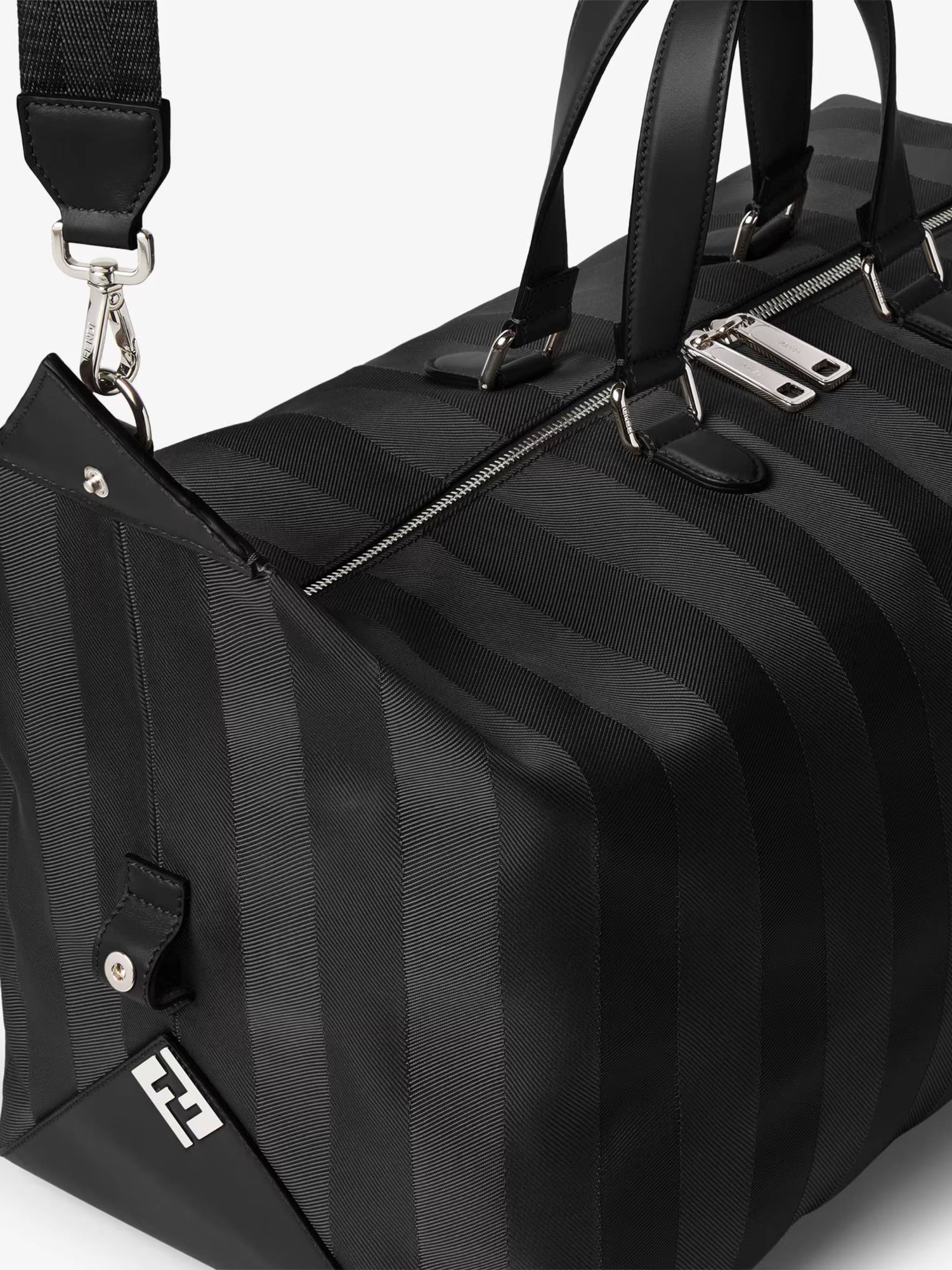 Matte Finish Black Duffle Bag with Striped Pattern and Silver Hardware