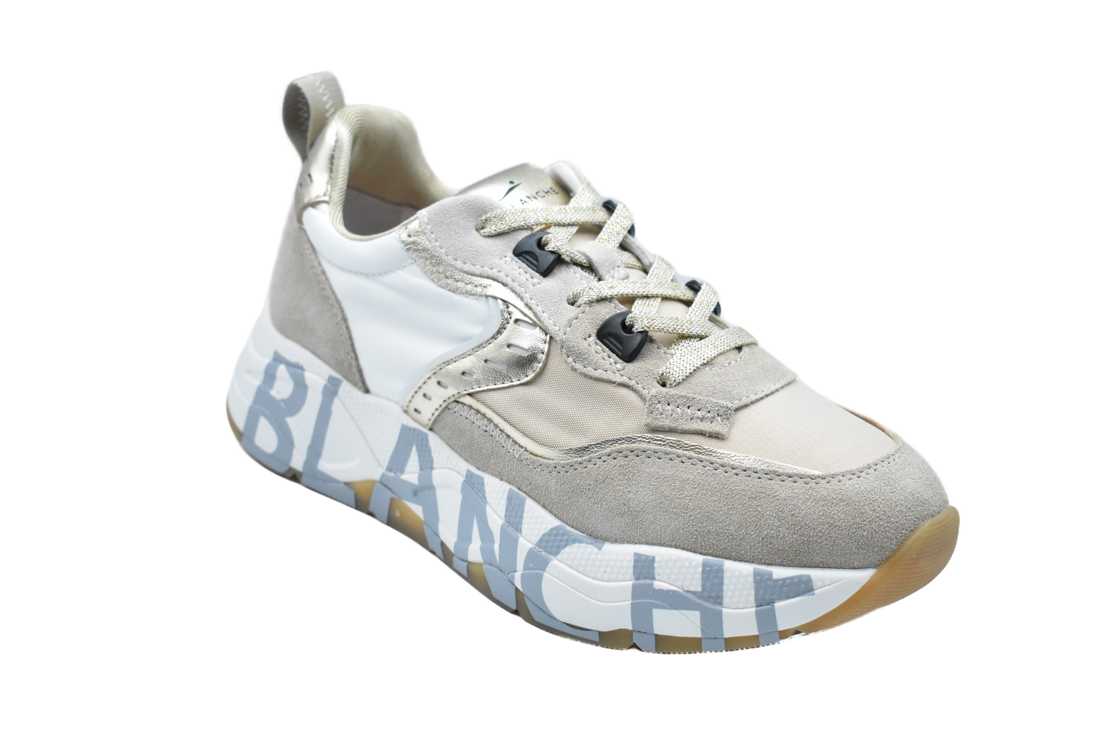 Beige-Platinum Low Sneakers With Contrasting Stitching