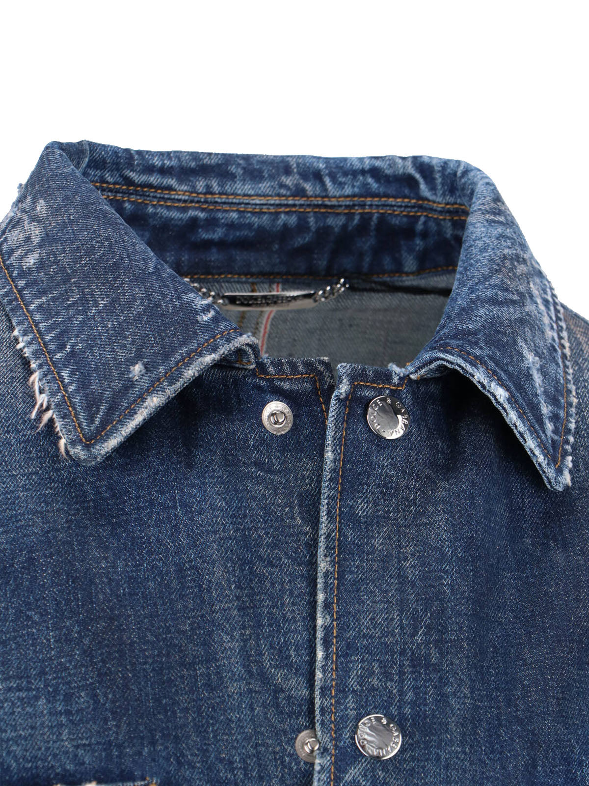 Distressed Blue Denim Jacket with Button Closure and Patch Pockets